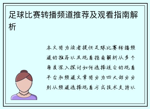足球比赛转播频道推荐及观看指南解析