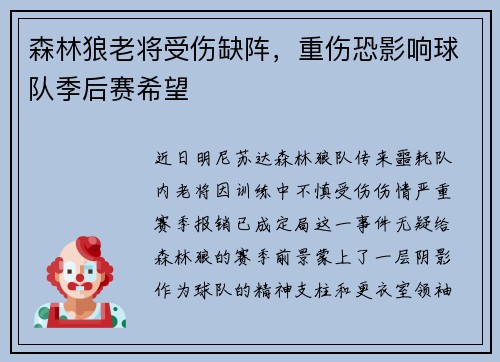 森林狼老将受伤缺阵，重伤恐影响球队季后赛希望