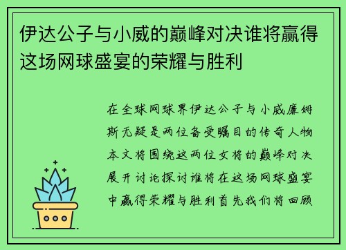 伊达公子与小威的巅峰对决谁将赢得这场网球盛宴的荣耀与胜利